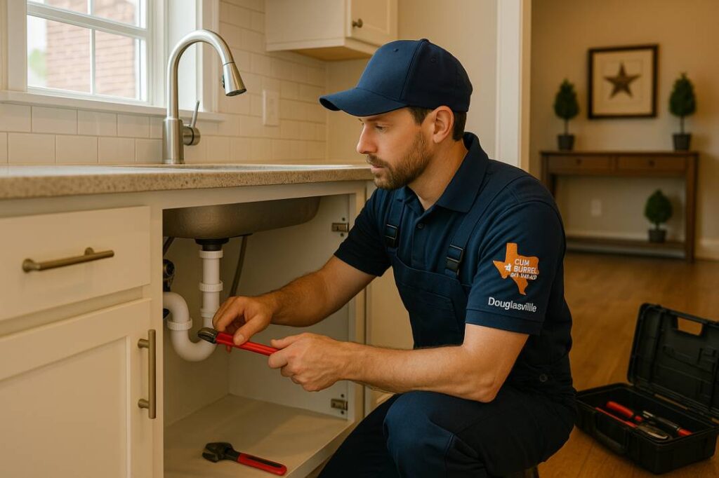 Professional plumber in "Gun Barrel Plumbing" uniform repairing kitchen sink pipes in a modern Douglasville home, using tools in a clean, well-lit space that reflects trust, craftsmanship, and community-focused service.