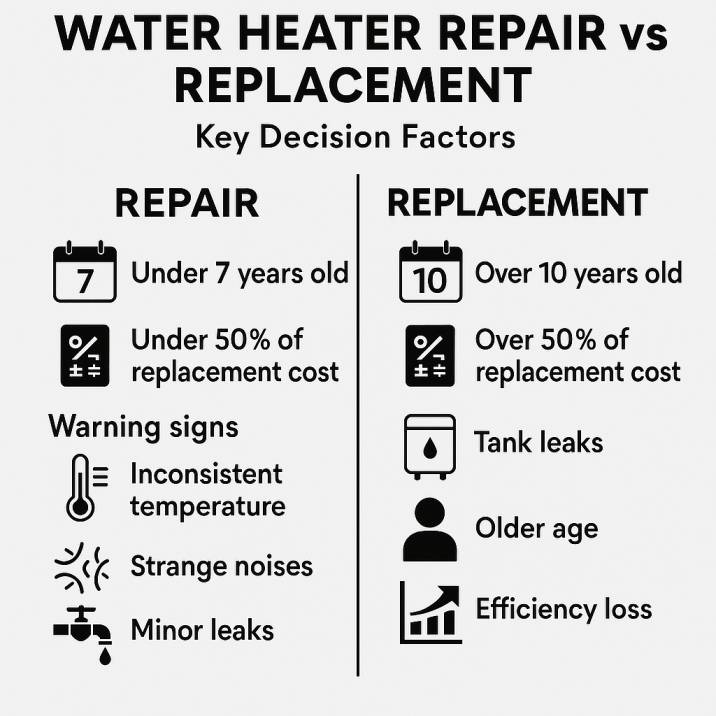 Infographic comparing water heater repair and replacement decisions, showing icons for age, cost, and warning signs like temperature issues and leaks.