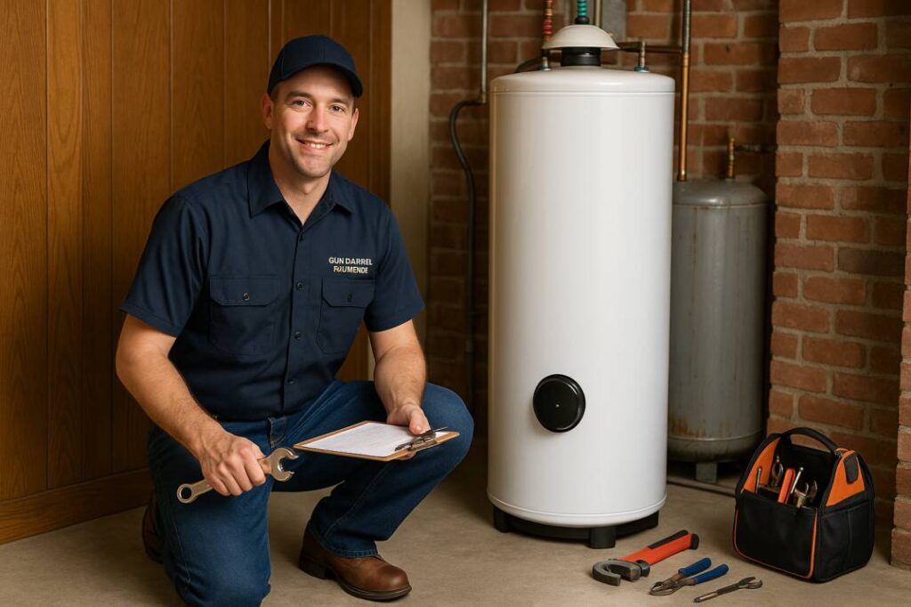 Professional plumber in Gun Barrel Plumbing uniform kneeling next to a new water heater in a clean utility room, smiling while holding a wrench and clipboard, with tools and an old water heater visible in the background.