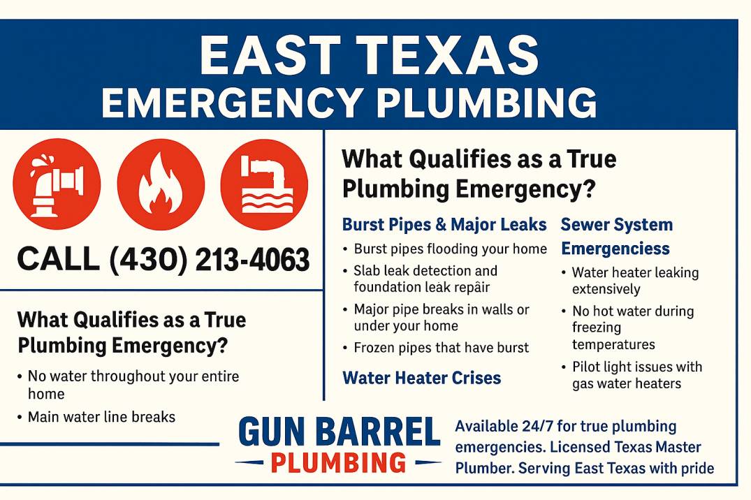 Informational emergency plumbing graphic from Gun Barrel Plumbing showing common East Texas plumbing emergencies, 24/7 availability, and a bold call-to-action with contact number. Features clean layout with icons for burst pipes, gas leaks, and water heater crises.