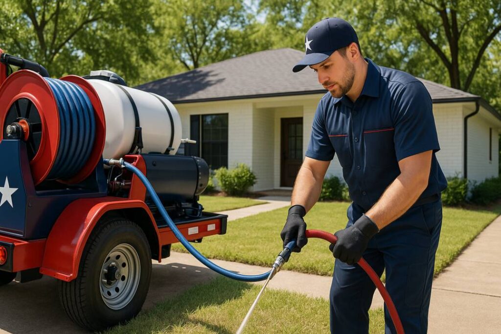 Licensed plumber in navy and red uniform operating hydrojet drain cleaning equipment outside a clean white East Texas suburban home, with high-pressure hose connected to a red-and-blue hydrojetting truck.
