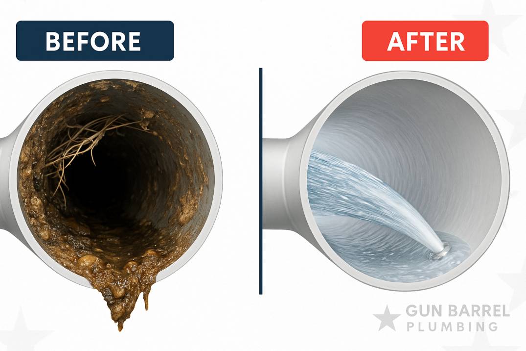 Split-screen comparison of drain pipe interiors showing dramatic difference before and after hydrojet cleaning; left side clogged with grease and roots, right side completely clean with flowing water and pipe walls restored.