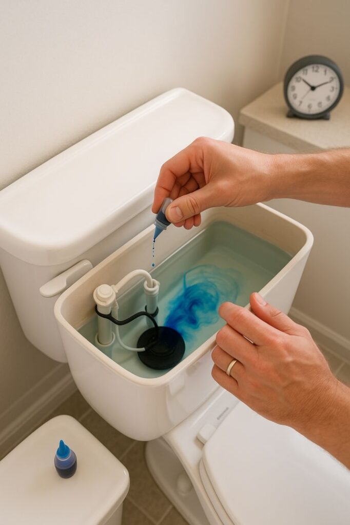 Toilet dye test showing food coloring being added to tank for DIY summer leak detection