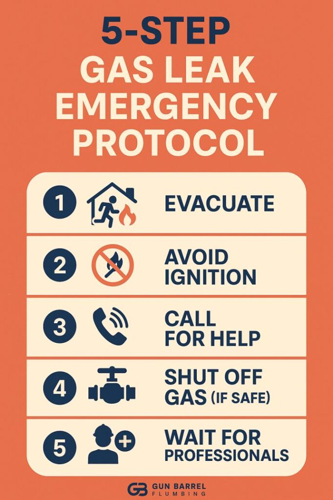 Infographic showing 5 emergency response steps for gas leaks in East Texas homes.