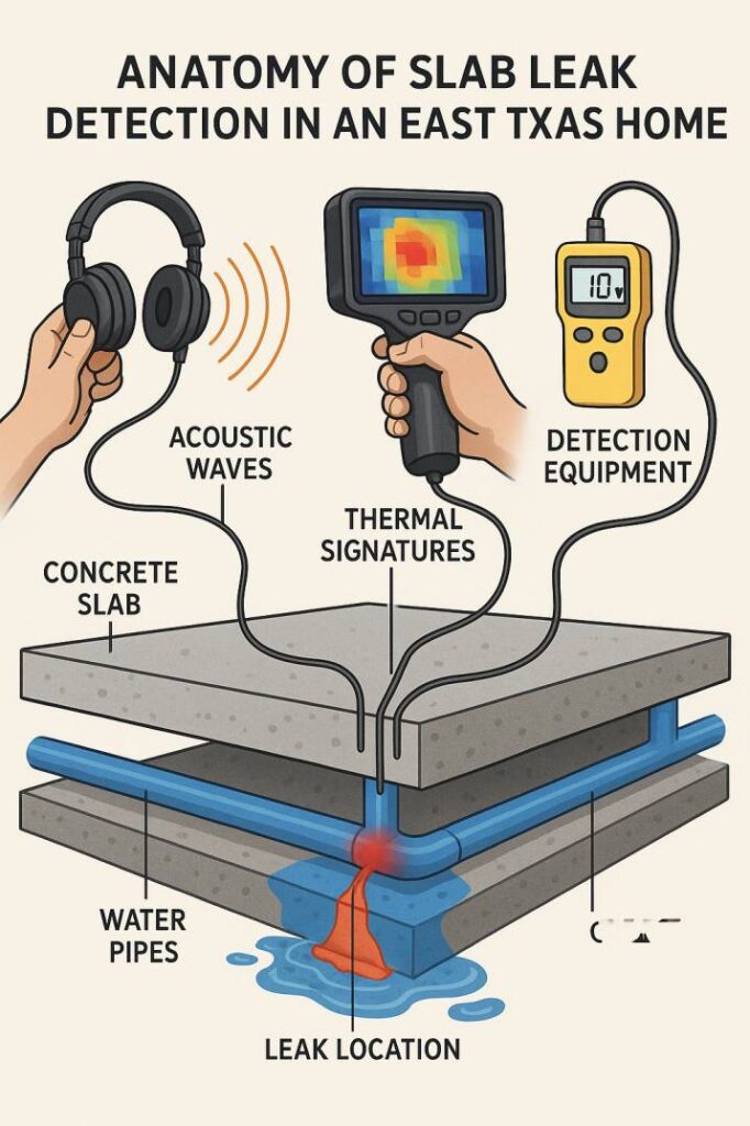 Technical diagram showing cross-section of slab leak detection process with acoustic and thermal imaging equipment locating hidden leaks beneath concrete foundation in East Texas home