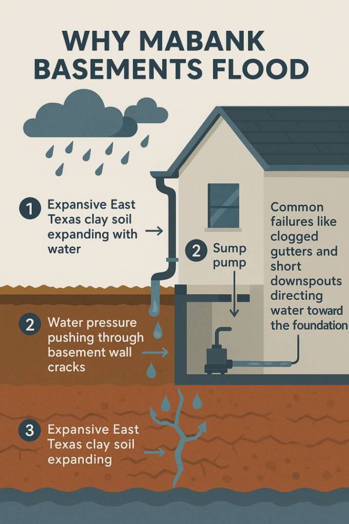 Infographic showing how East Texas clay soil, poor drainage, and foundation cracks contribute to basement flooding in Mabank.