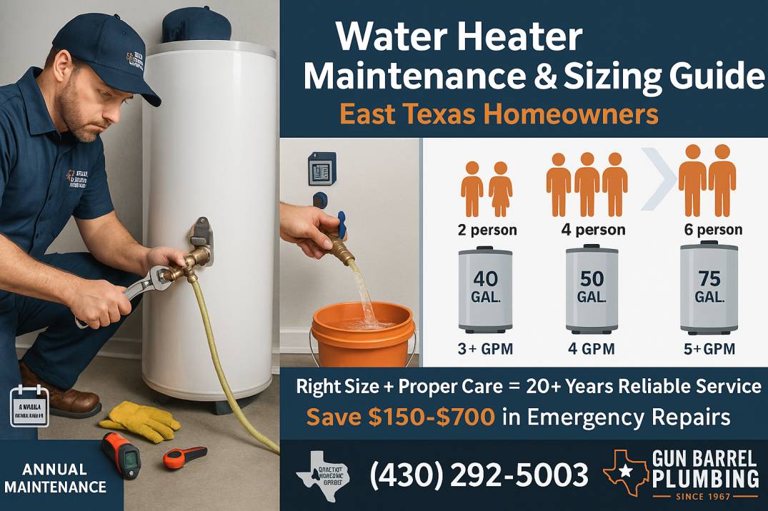 "Professional plumber performing water heater maintenance and sizing guide showing tank capacities for 2, 4, and 6 person households - Gun Barrel Plumbing East Texas"