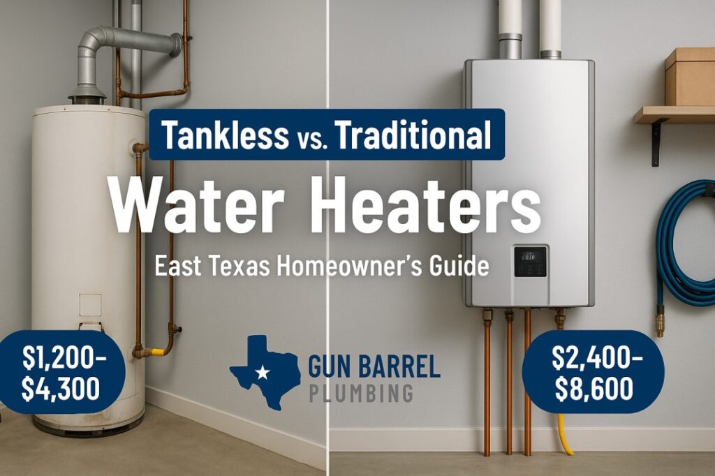 Split-screen comparison showing traditional tank water heater vs tankless water heater in utility room with pricing - Gun Barrel Plumbing East Texas guide