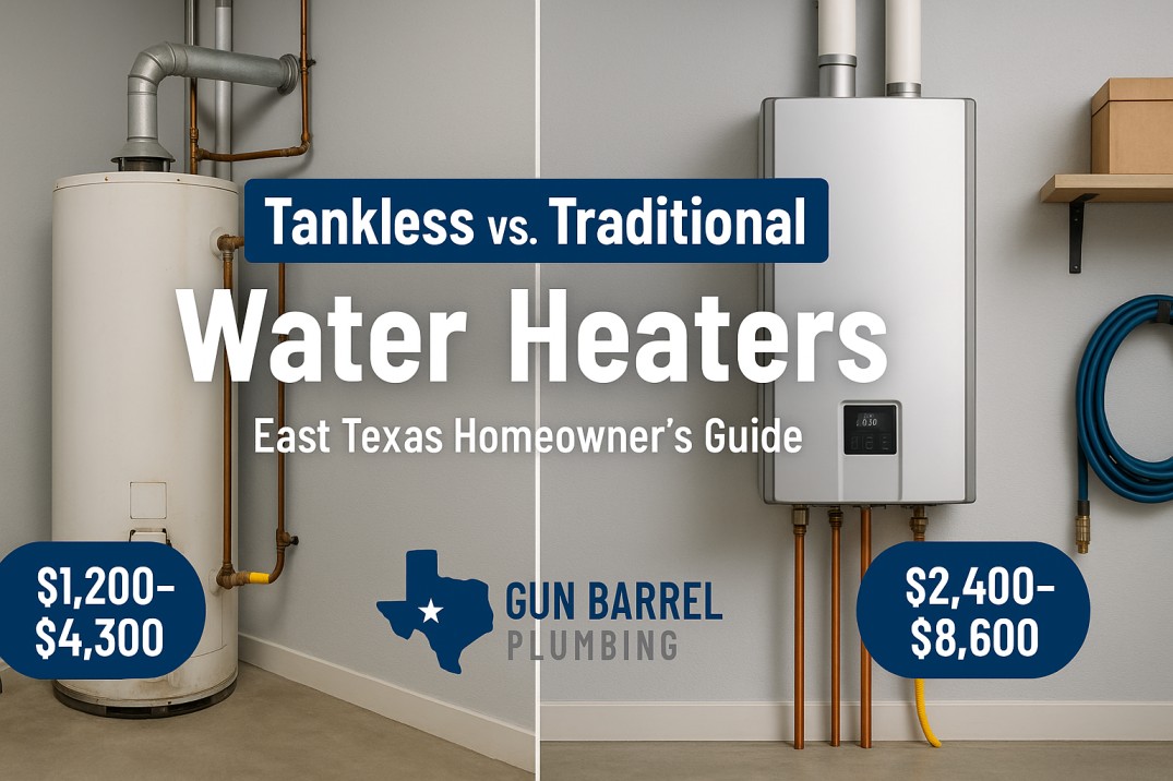 Split-screen comparison showing traditional tank water heater vs tankless water heater in utility room with pricing - Gun Barrel Plumbing East Texas guide