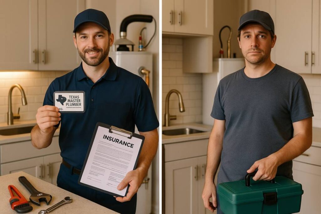 Licensed Texas Master Plumber showing credentials and permits to homeowner compared to unlicensed handyman with basic tools, demonstrating why professional licensing matters in East Texas plumbing work