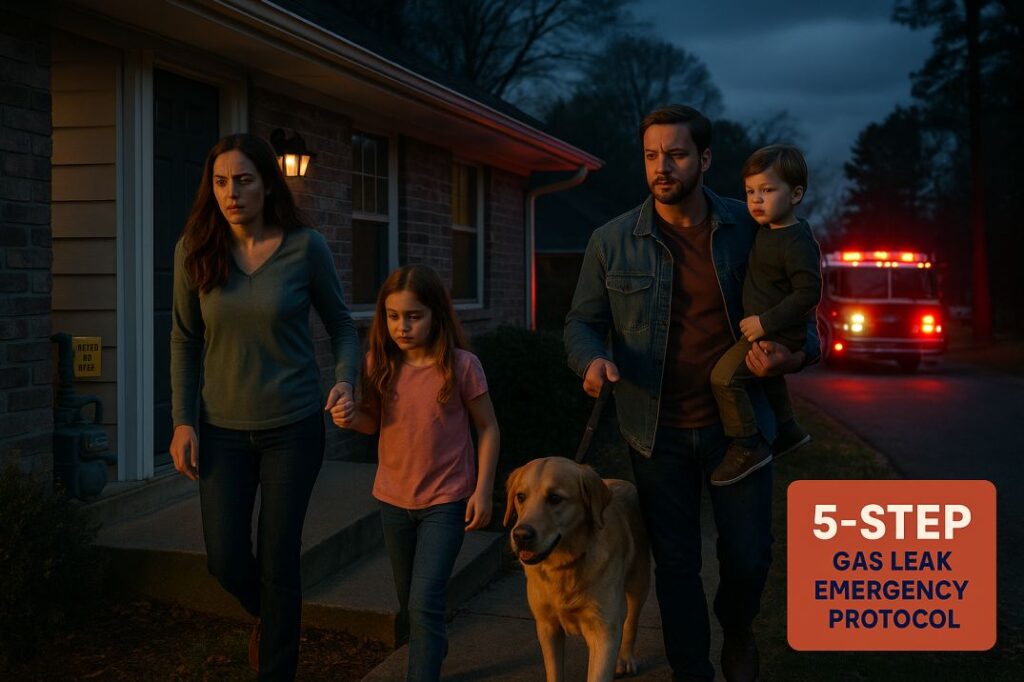 Family evacuating East Texas home at dusk during gas leak emergency with emergency responders in background.