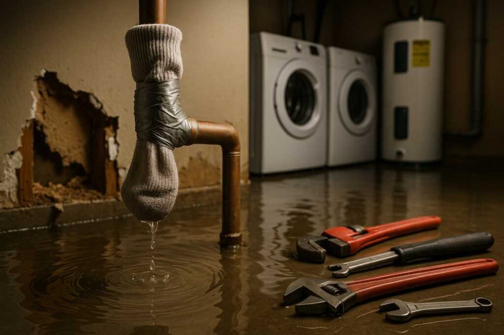 Failed sock pipe patch causing water damage in Mabank Texas home utility room with flooded floor and damaged walls requiring professional plumber.