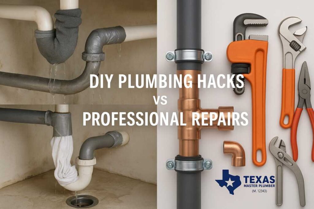 DIY plumbing hack failures versus professional pipe repairs comparison showing sock patches and proper plumbing solutions for Mabank homeowners.
