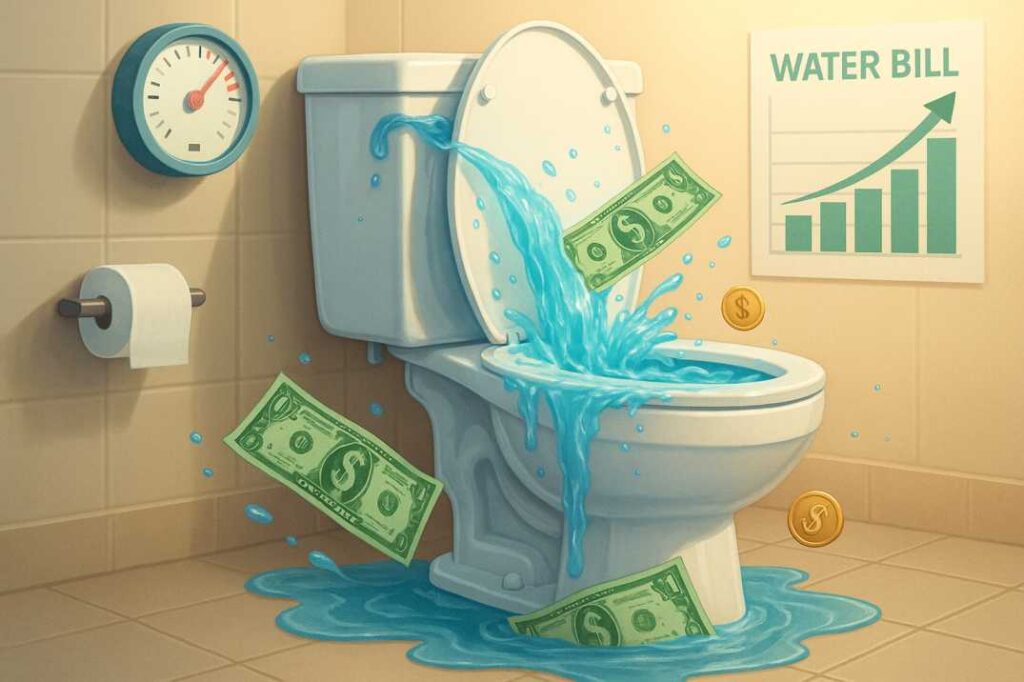 Running toilet with water overflowing and dollar bills floating in water, representing the high cost of toilet leaks for Mabank homeowners