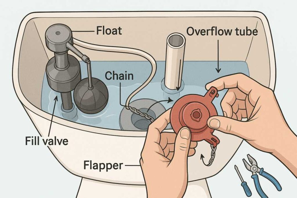 Toilet tank interior diagram showing flapper, fill valve, chain, and float components for DIY toilet repair in East Texas homes