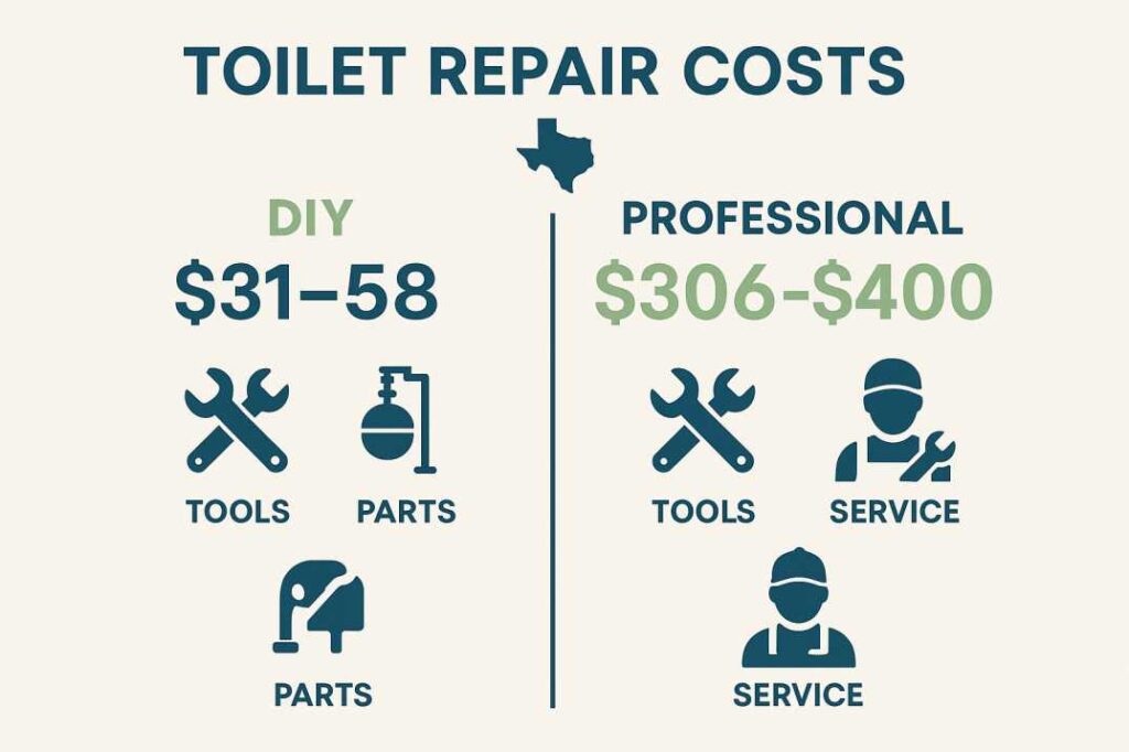 Cost comparison chart showing DIY toilet repair vs professional plumber costs for Mabank Texas homeowners