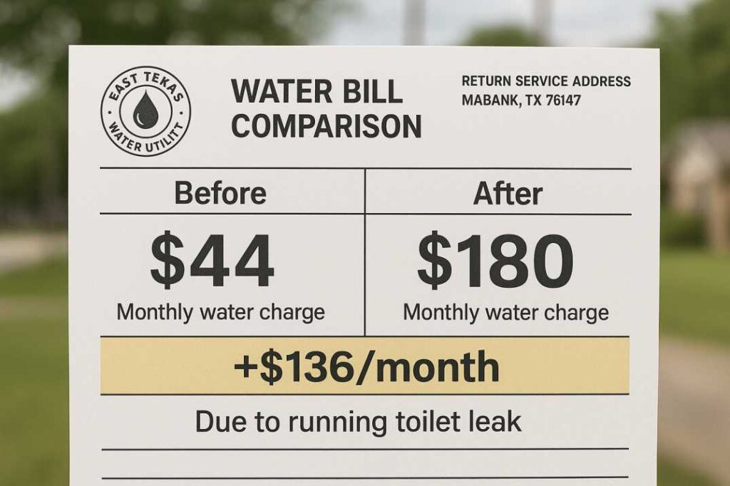 Water bill comparison showing $136 monthly increase from toilet leak in East Texas home