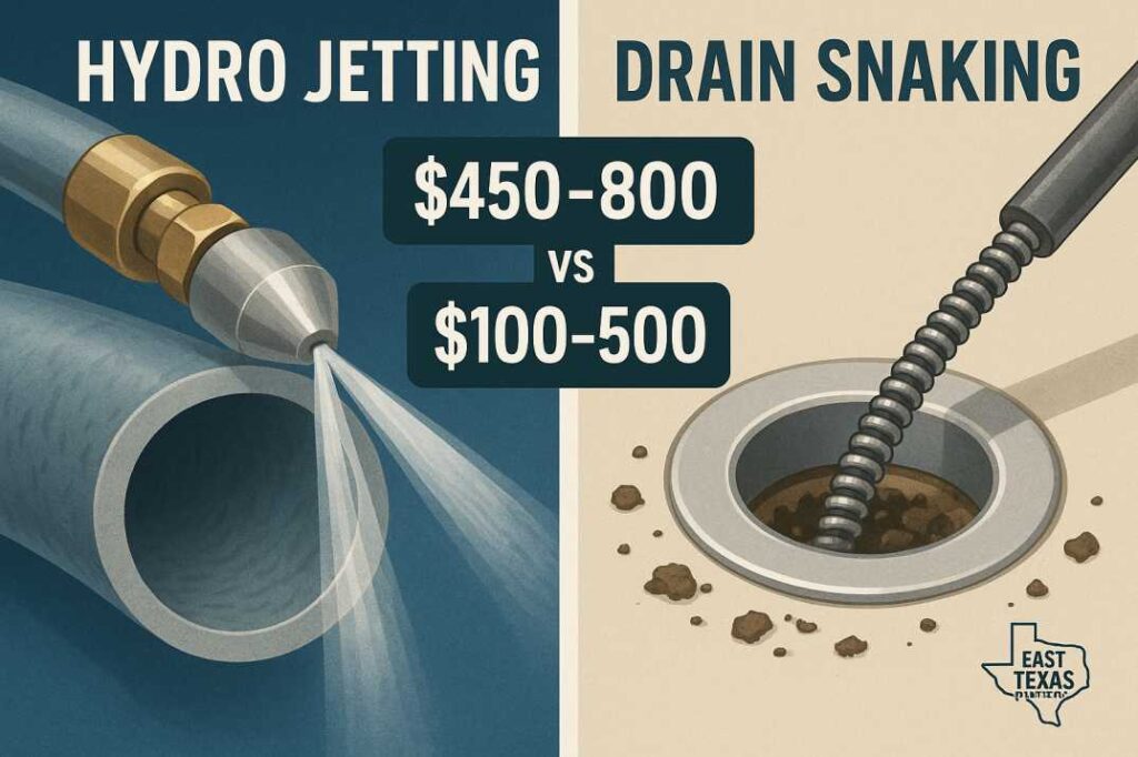 Hydro jetting vs snaking pipes cost comparison East Texas - professional drain cleaning methods showing $450-800 hydro jetting versus $100-500 snaking with effectiveness differences.