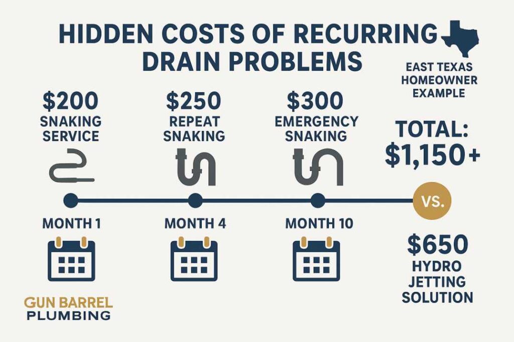 Hidden costs recurring drain problems East Texas showing snaking pipes multiple times versus single hydro jetting service savings comparison chart.