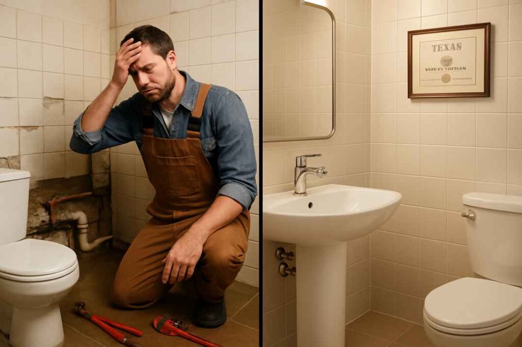 Bathroom remodel disaster showing DIY bathroom fail with water damage and crooked tiles versus professional bathroom renovation completed by licensed Texas plumber.