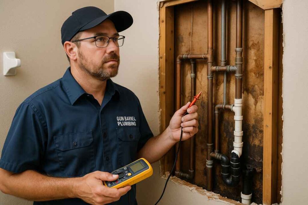 Licensed Texas Master Plumber inspecting bathroom plumbing disaster behind wall showing complex pipe systems and water damage in Mabank home.