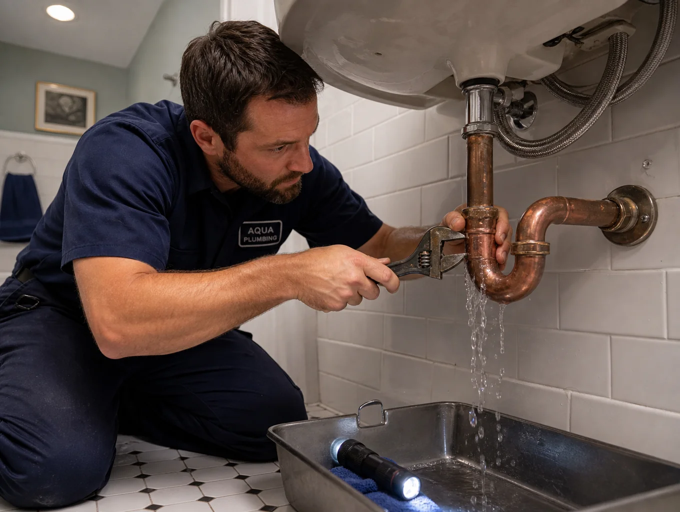 Plumbing technician repairing copper piping under home sink