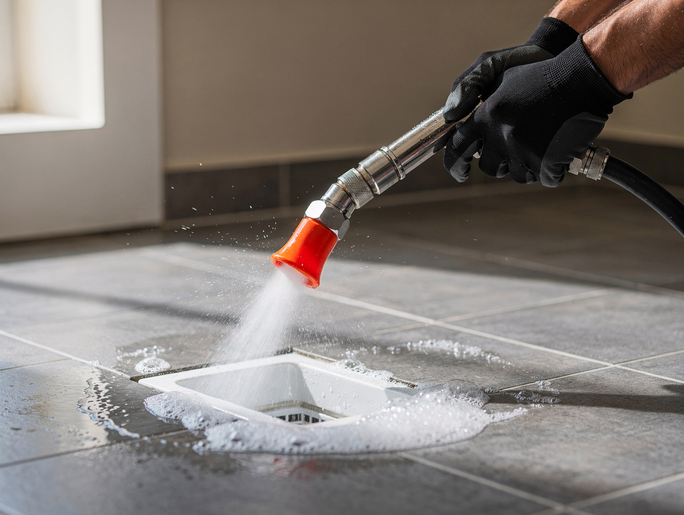 Technician performing high-pressure hydro jetting drain cleaning