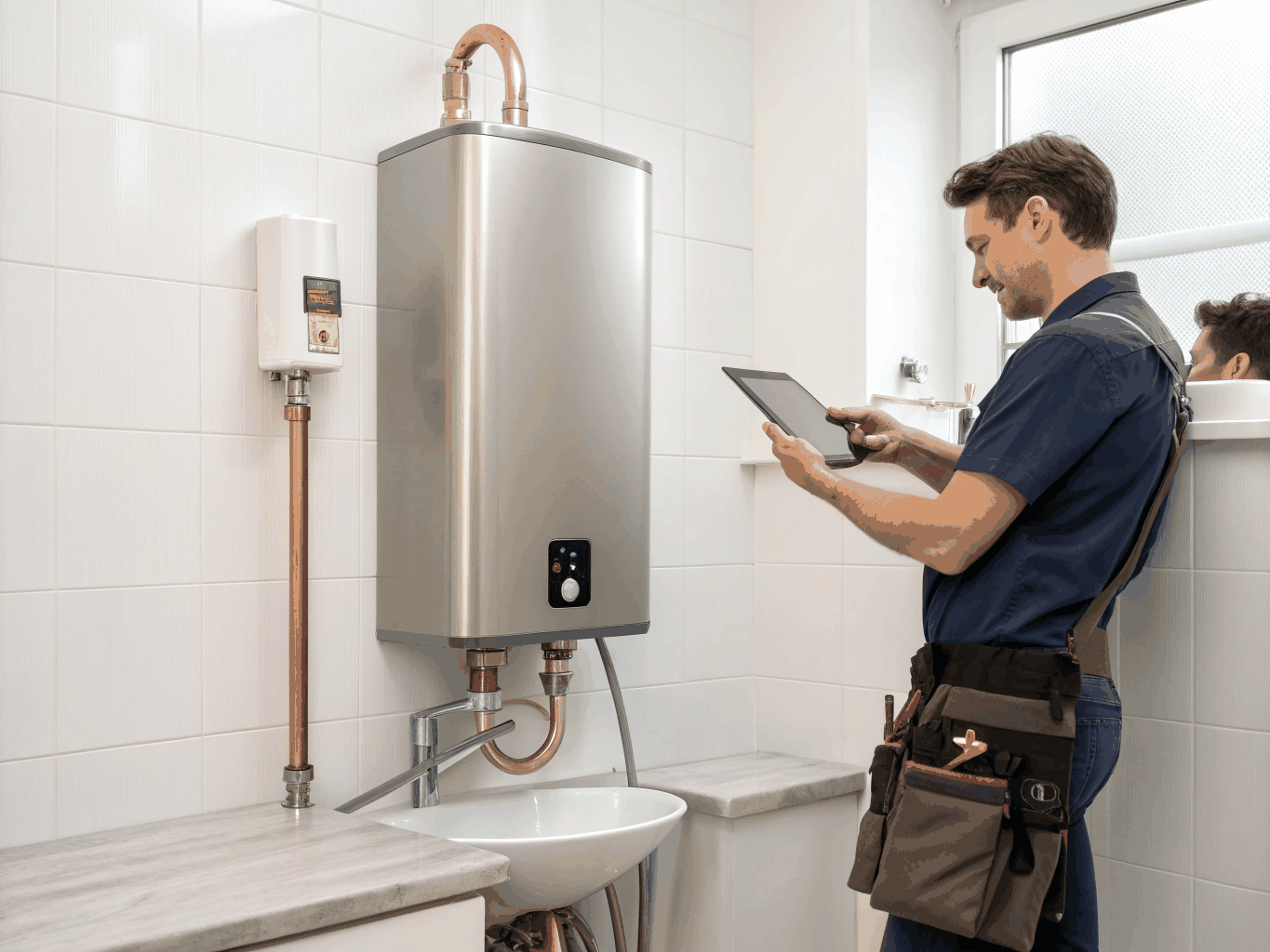 Master plumber installing modern energy-efficient water heater